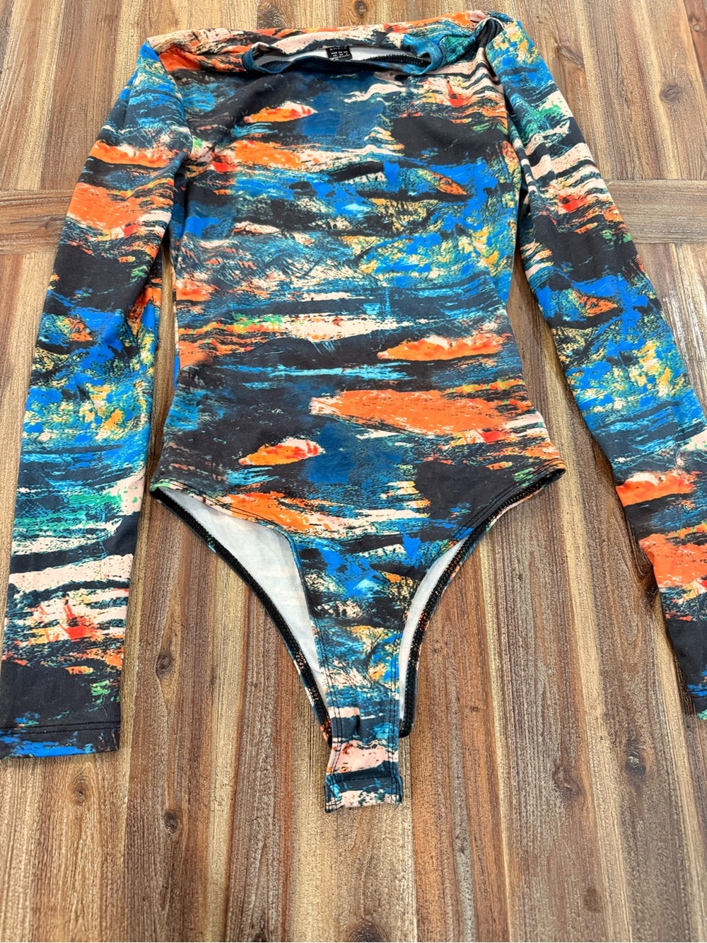 Long-Sleeve One-Piece Bodysuit in Multi-Color Abstract Print